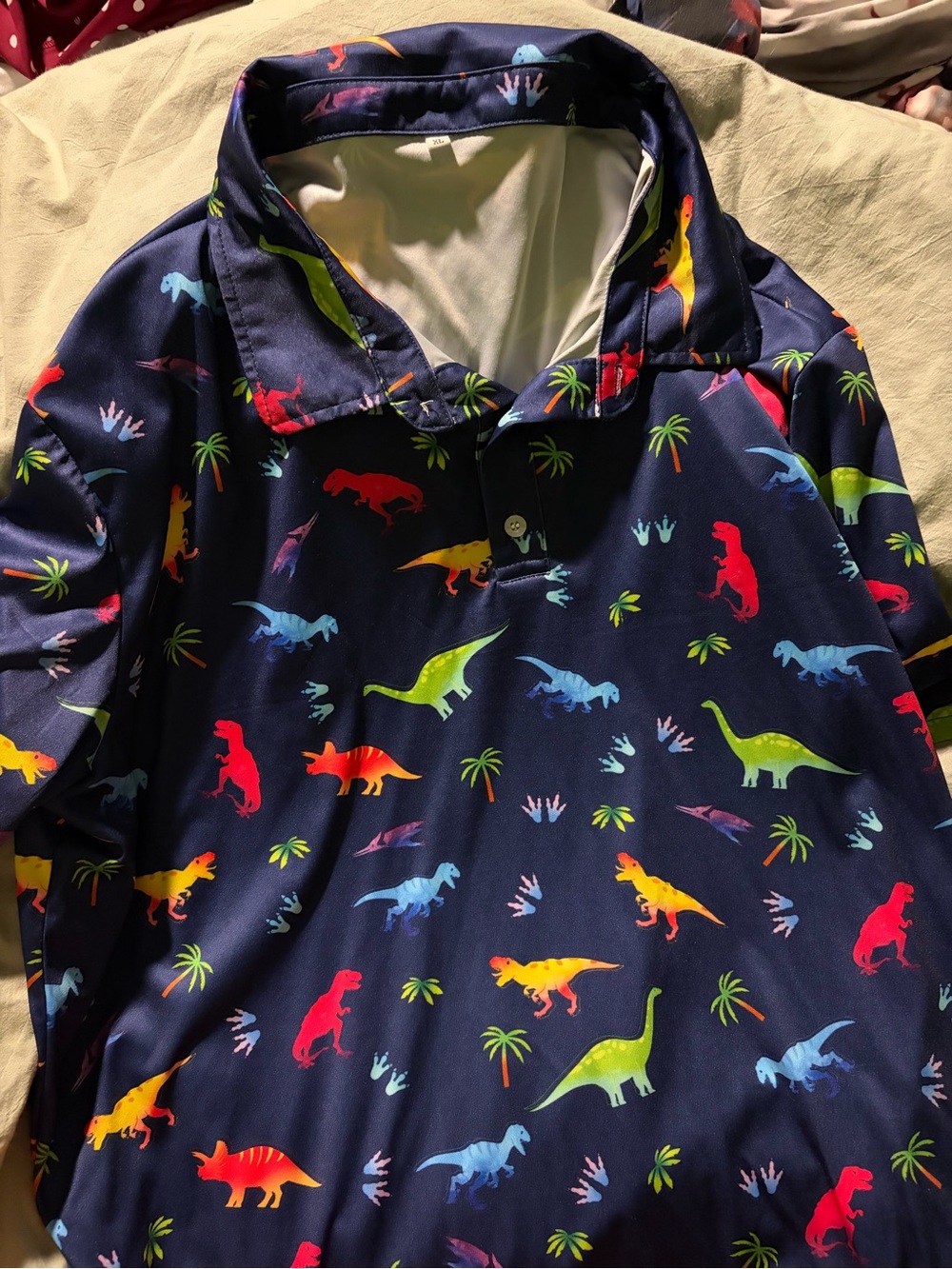 Navy Polo with Colorful Dinosaur Print